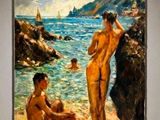 un tableau représentant deux hommes assis sur la plage