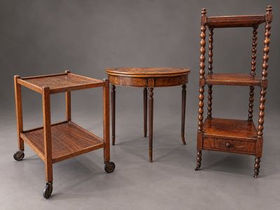 three pieces of furniture including a table, shelf and shelf