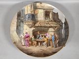 a plate with a picture of a group of people outside