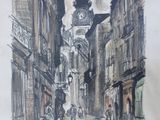 drawing of a street scene with a clock tower in the distance