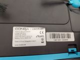a close up of a blue and black printer with a blue handle