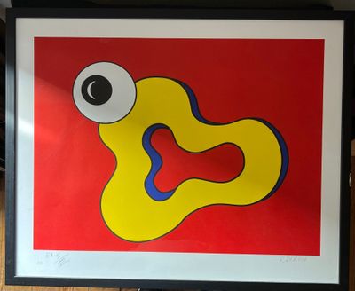 painting of a yellow monster with blue eyes on a red background