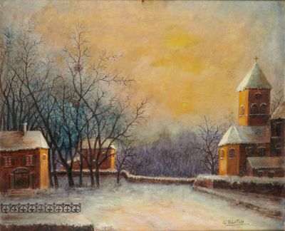 une peinture à l'huile représentant un village enneigé avec une église et des arbres