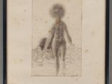 une image représentant le dessin d'une femme marchant, un panier à la main