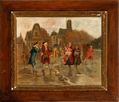 an oil painting of a group of people walking down a street