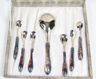 six cuillères et une cuillère-cuillère dans une boîte