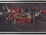 peinture représentant une œuvre abstraite noire et rouge, réalisée à la peinture blanche et rouge