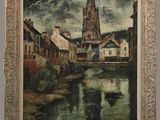 painting on the wall of a room with a painting of a church in the background