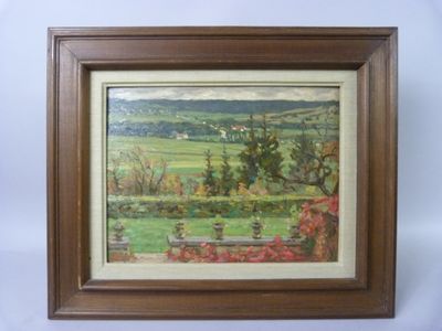 painting of a landscape with a bench in the foreground and trees in the background