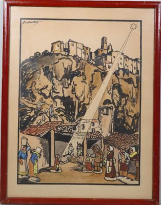 an image of a picture of a painting of people in a village