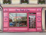 painting of a pink storefront with a car parked in front of it