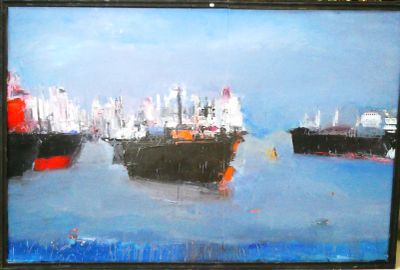 a painting of two ships in the water with a city in the background