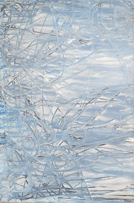 painting of a blue and white abstract painting with lines and shapes