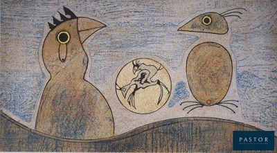 a painting of a bird and two other birds on a wall