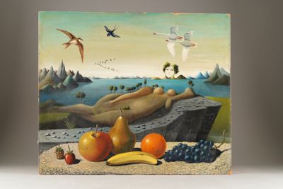 a painting of a woman laying on a rock with fruit and birds flying overhead