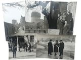 several black and white photos of a group of people standing in front of a building