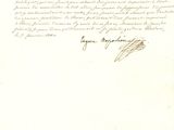un vieux document sur lequel figurent une lettre manuscrite et l'image d'un cheval