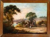 an image of a painting of a group of people and animals by a river