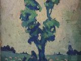 painting of a painting of a tree and sheep in a field