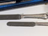 a silverware set in a case with a knife and a knife sharper