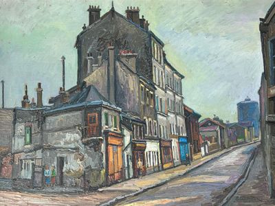 dessin représentant un tableau d'une rue de ville avec des bâtiments de part et d'autre de la rue