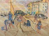 dessin représentant une scène de rue avec des passants et des voitures sur la chaussée