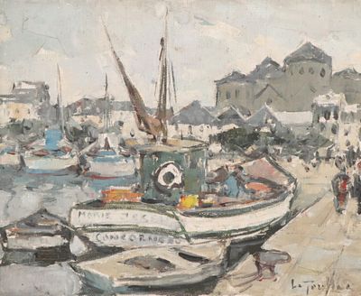 un tableau représentant un bateau dans un port, avec des gens qui se promènent autour
