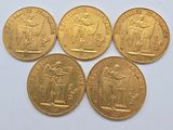 six gold sovereigns of different sizes and shapes on a white surface
