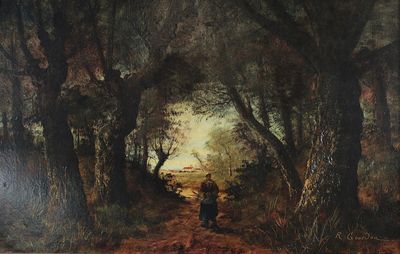 un tableau représentant deux personnes marchant sur un sentier dans les bois