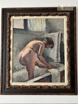 un tableau représentant une femme nue penchée sur le rebord d'une fenêtre