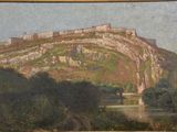 painting of a view of a castle on a hill with a river below