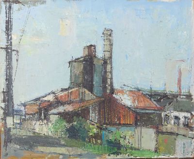 une peinture à l'huile représentant un bâtiment au toit rouge sur fond de ciel