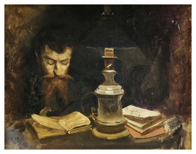 a painting of a man sitting at a table with books and a lamp