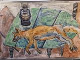 painting of a dog laying on a table with a lantern on it