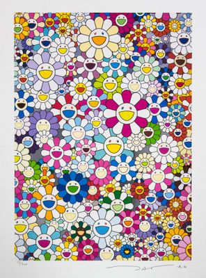 a painting of many different colored flowers on a white background