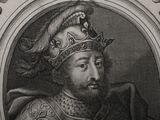 an old engraving of a man wearing a crown and holding a sword