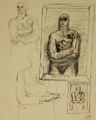 dessin représentant un homme tenant un bébé dans ses bras, devant un dessin représentant une femme tenant un bébé dans ses bras