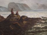 a painting of two men on a rock by the ocean