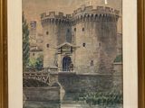 framed watercolor painting of a castle with a boat in the water