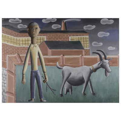 un tableau représentant un homme promenant une chèvre en laisse