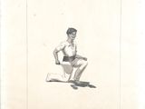 drawing of a man squatting on a baseball field with a bat in his hand