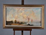 a painting on a easel with a sailboat in the water