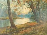 an image of a painting of a river with trees in the foreground