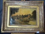 une peinture à l'huile représentant un bateau sur une rivière, avec un pont en arrière-plan