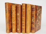 six livres anciens sont alignés sur une surface blanche