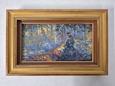un tableau représentant une femme en robe bleue assise sur un banc