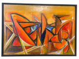 abstract painting of orange, blue, and yellow shapes in a black frame