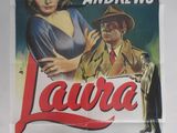 une vieille affiche de cinéma représentant une femme coiffée d'un chapeau et un homme en costume