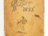 an old book with a drawing of a man holding a sword