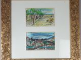 two framed pictures of horses and a man on a beach